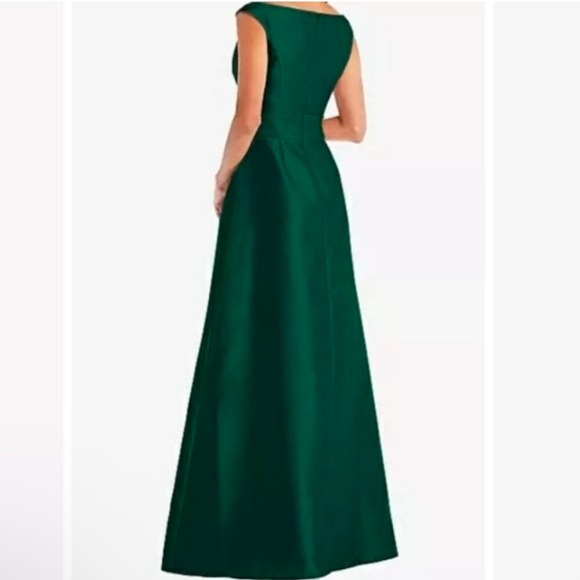 New! Alfred‎ Sung D811S Hunter Green Off Shoulder Draped Wrap Satin Maxi Dress - Picture 2 of 5